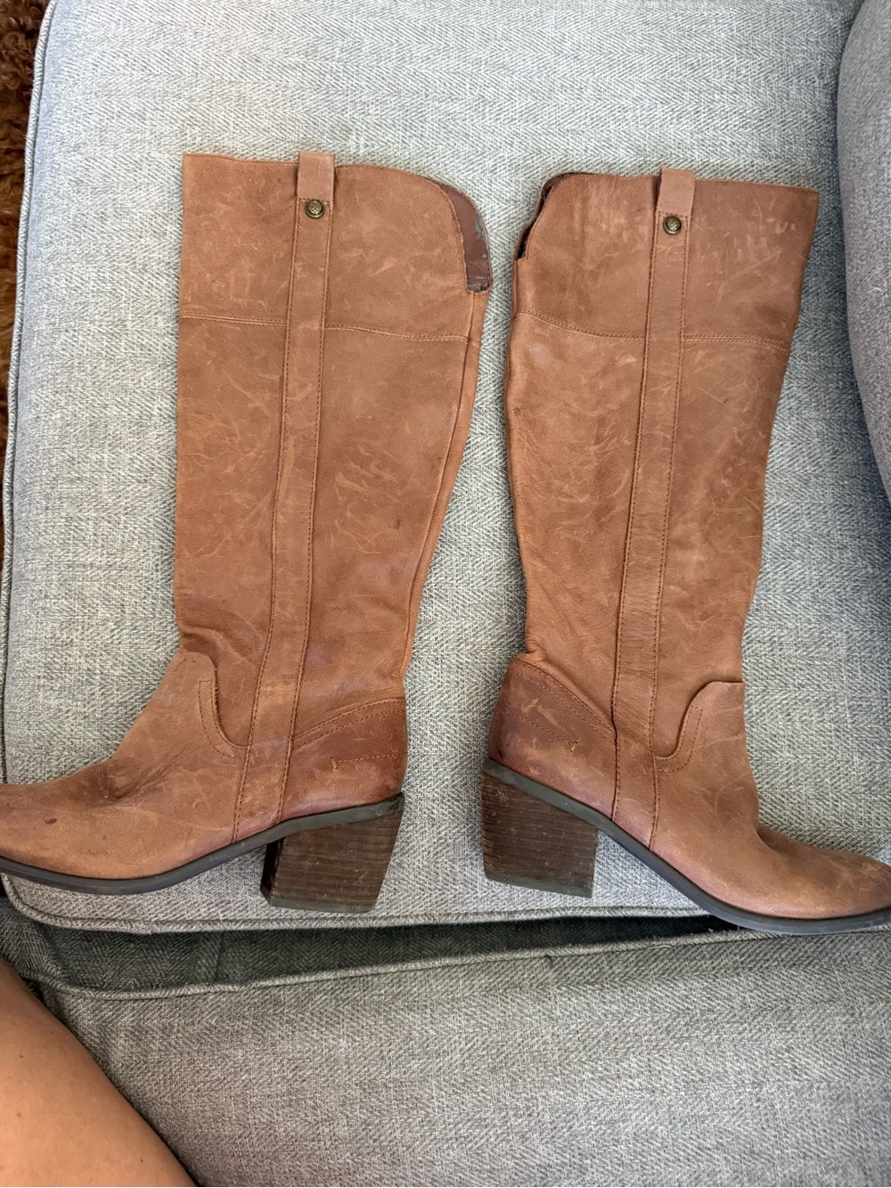 Tan Knee High Leather Boots with Block Heel